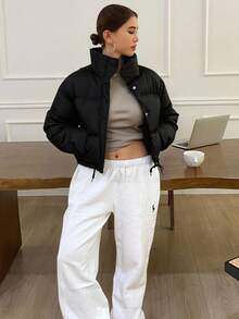 Livesso 抽绳下摆落肩拉链夹棉大衣，冬季女装，冬季女装外套 - 黑色 - 查看 8