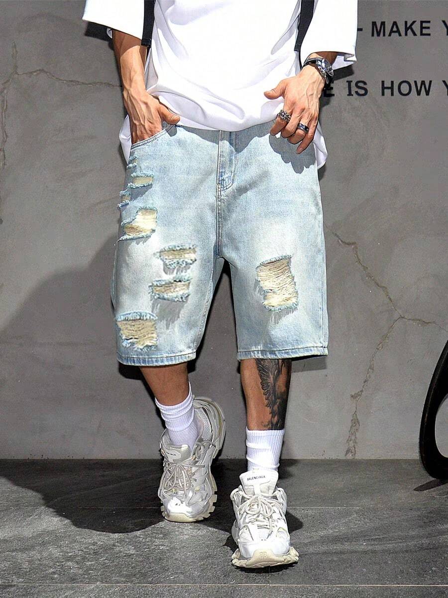 男士轻洗破洞牛仔短裤，休闲宽松中长短裤，2025新款破洞牛仔短裤 - 淺色水洗藍 - 查看 1