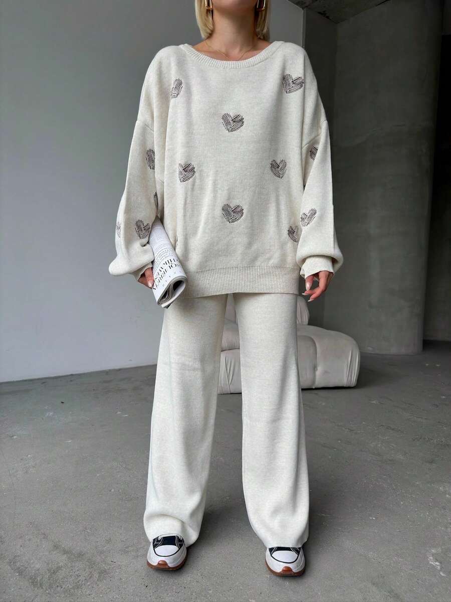 Women Casual Heart Pattern Round Neck Long Sleeve Pullover Top And Long Pants Set, Embroidery Design - White - View 1