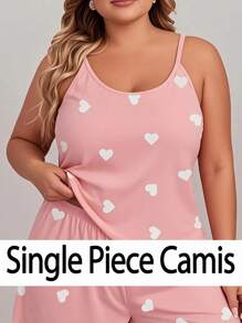1pc Plus Size Women Cute Heart Pattern Scoop Neck Spaghetti Strap Cami Tank Top, Backless, Suitable For Spring And Summer