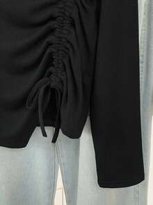 女式纯色抽绳设计休闲日常百搭 T 恤，不对称百搭修身简约上衣，秋季