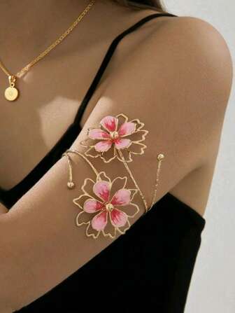 1pc Alloy Enamel Floral Open Cuff Bracelet, Minimalist Elegant Fashionable Elegant, Suitable For Parties, Gatherings, Gifts And Daily Wear