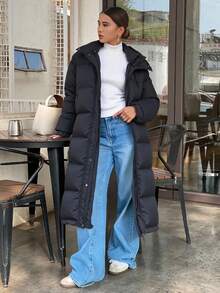 Livesso Zipper Front Hooded Padded Thick Pockets Coat, Winter Women Padded Coat - Black - View 2