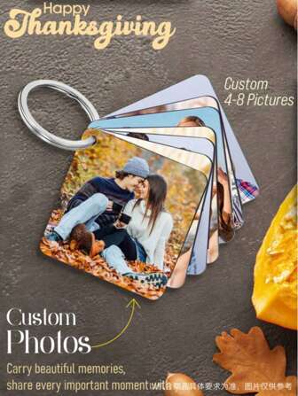 2D Flat, Customizable 4-8 Photo Acrylic Double-Sided Printed Felt Flip Book Keychain - Personalized Stainless Steel Keyring With Ring Buckle, Novelty Christmas Gift For Her, Photo Gifts, 2D Flat