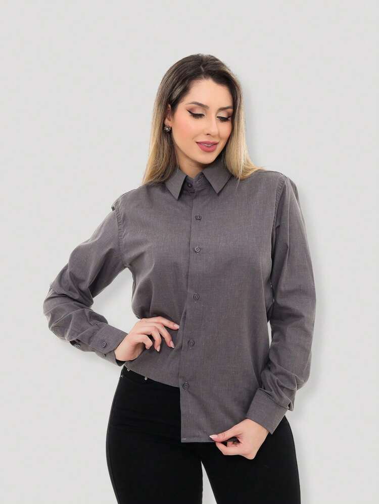 Women's Formal Shirt Premium Linen Structured Long Sleeve Shirt - Dark Grey - View 6