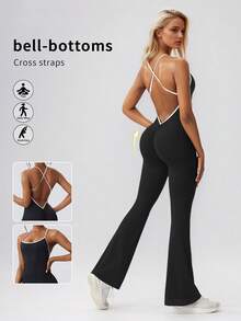 6pecil Tuta da donna con gamba a zampa e blocchi di colore - Tuta da yoga e palestra senza maniche con corpino aderente