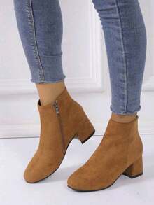 Giày bốt cao gót mũi vuông đơn giản bằng da lộn màu nâu thời trang dành cho nữ có khóa kéo bên hông, cỡ lớn - màu nâu - Xem 4