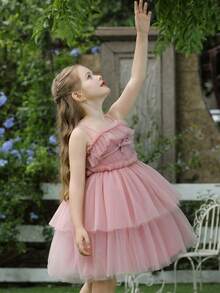 Vestido de tul de princesa para niña pequeña, adecuado para cumpleaños de niños, ceremonias de boda, dama de flores, fiestas y ocasiones formales - Rosa - Ver 3