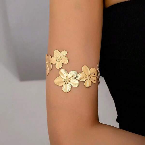 1pc Adjustable Metal Geometric Floral Charm Bracelet, Fashionable Flower Arm Chain Suitable For Women, Daily Wear Or Gift