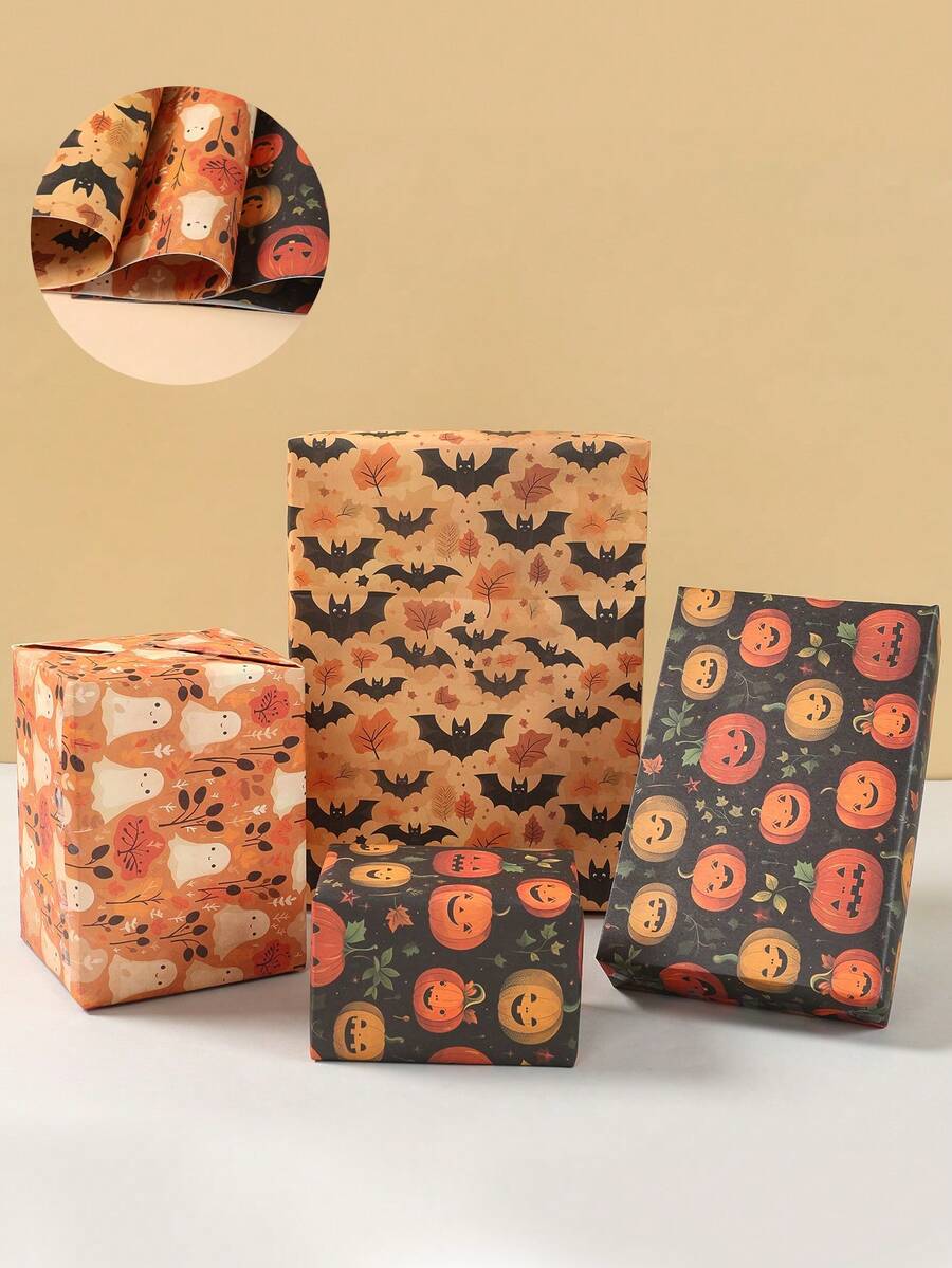 3/6 件万圣节礼品包装纸，70*50 厘米包装纸，带有南瓜、鬼魂、蝙蝠设计、包装纸、礼品包装、书籍包装、花束用品、鲜花包装纸、万圣节装饰、万圣节派对装饰、万圣节不给糖就捣蛋装饰、万圣节快乐装饰 - 萬聖節B款 - 查看 1