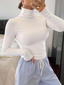 Livesso Women's Turtle Neck Ruched Long Sleeve T-Shirt - White - View 6