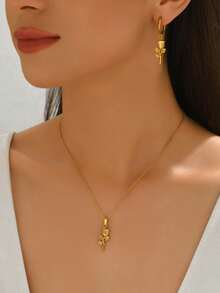 Conjunto de joyería de 3 piezas con collar y aretes con diseño minimalista y elegante de flor de rosa, adecuado para uso diario - Collar + Pendientes de Rosa - Ver 1