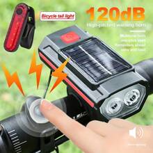 Conjunto de luces de bicicleta recargables USB alimentadas por energía solar, faro de bicicleta LED con luz de emergencia y bocina, resistente al agua, con 3 modos de iluminación