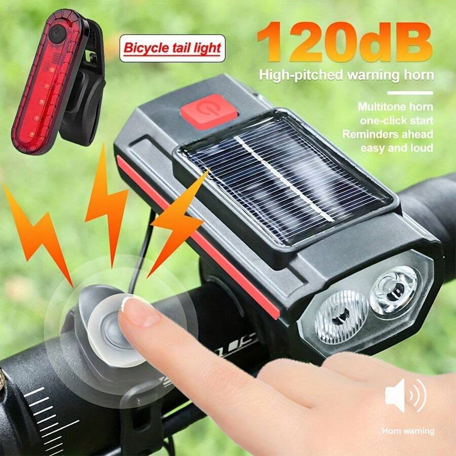 Conjunto de luces de bicicleta recargables USB alimentadas por energía solar, faro de bicicleta LED con luz de emergencia y bocina, resistente al agua, con 3 modos de iluminación