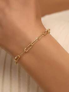 1pc S925 Sterling Silver 14K Gold Plated Paperclip Bracelet, Suitable For Layering, Pure Silver Material, Minimalist High-End Versatile Women's Bracelet, Suitable For Summer Beach Vacation, Daily Wear, Suitable As A Gift For Girlfriend/Mom/Relatives - Multicolor - View 5