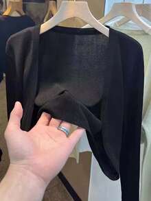 1 件女士轻质针织披肩罩衫，镂空，春秋分层，吊带背心短款开襟衫，空调罩 - 彩色 - 查看 5