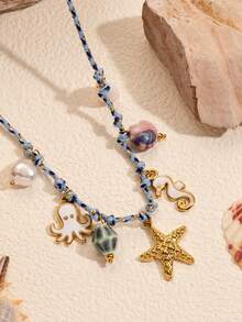 1 件海洋系列不锈钢吊坠项链，手工制作的 DIY 项链，带有贝壳、海星、鱼、章鱼、花吊坠，适合海滩度假穿着、节日礼物、生日礼物、海滩度假 - 彩色 - 查看 1