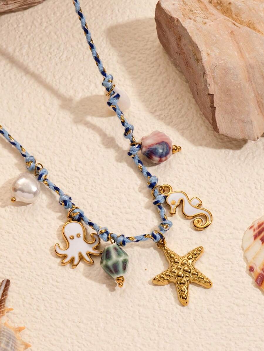 1 件海洋系列不锈钢吊坠项链，手工制作的 DIY 项链，带有贝壳、海星、鱼、章鱼、花吊坠，适合海滩度假穿着、节日礼物、生日礼物、海滩度假 - 彩色 - 查看 1