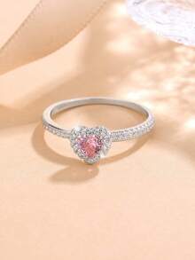 奢华欧美风925纯银心形CZ钻石戒指，高端纯银结婚戒指，情人节送给女友的礼物，女士浪漫珠宝 - 粉色 - 查看 2