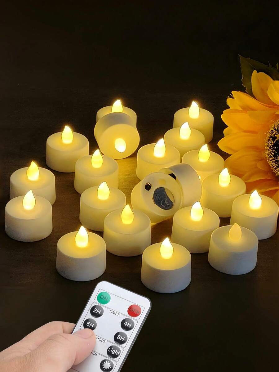 6/12/24 件无焰 LED 茶灯带遥控器，电池供电 LED 蜡烛带 2/4/6/8 小时定时器，适用于房间装饰、卧室、花园、万圣节、圣诞节、季节性和节日庆典（暖白色）