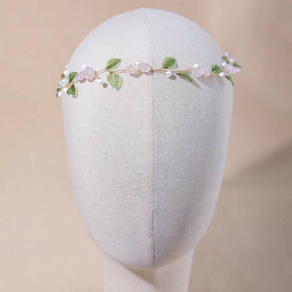 1pc Handmade Green Leaf, Rose Flower & Crystal Headband, Bridal Wedding Bridesmaid Beach Holiday Occasion Accessory