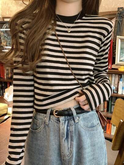 Early Spring Korean Style Colorblock Striped Cropped Design Versatile Long Sleeve Women T-Shirt Top (Stripe Pattern Random)