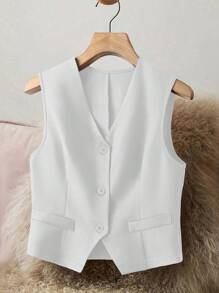 Women's Elegant Sleeveless V-Neck Suit Jacket, Fashionable Front Button Waistcoat Jacket For All Seasons