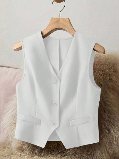 Women's Elegant Sleeveless V-Neck Suit Jacket, Fashionable Front Button Waistcoat Jacket For All Seasons