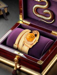 女士全新独特小众艺术蛇形钻石镶嵌精致缠绕手链蛇头石英表 - 均碼 - 查看 2