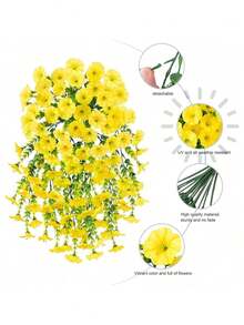 4/2PCS Artificial Yellow Morning Glory Flowers Outdoor Faux Hanging Flowers Plant ,Fake Silk With Eucalyptus UV Resistant Trailing Vine Suitable For Wedding, Home, Porch Patio Balcony Yard Indoor Decor,Office, Garden Decor, Made Of Faux Flowers & Eucalyptus Leaves, , Applicable For Autumn, Thanksgiving, Wedding Arch, Wall, Garden, Bedroom - Yellow - View 8