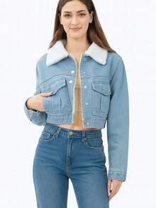 Chamarra corta para dama, aborregada por dentro - Azul lavado medio - Ver 1