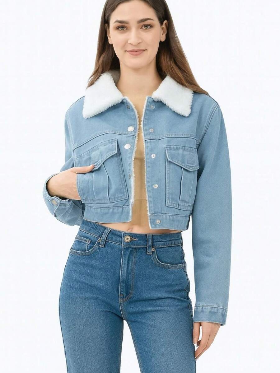 Chamarra corta para dama, aborregada por dentro - Azul lavado medio - Ver 1