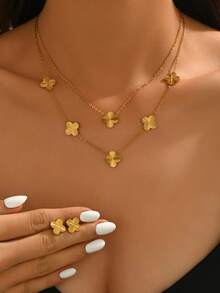 1 Set de Joyería de Acero Inoxidable con Diseño de Textura Floral en Estilo Minimalista, Adecuado para Uso Diario de Mujeres - Amarillo Oro - Ver 11
