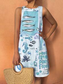 海星热带沙丁鱼海洋世界字母印花连衣裙，时尚度假休闲沙滩装，春夏款