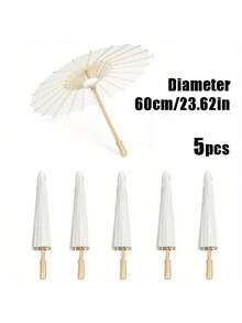1/5/10件复古白色创意女士空白纸质遮阳婚礼伞 - 木柄，无需电源，非常适合婚礼、拍照、化妆、派对、海滩装饰。婚礼纪念品，伴娘团装饰伞，复古纸扇。