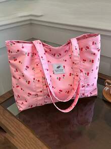 艺术樱花印花尼龙女士包，大容量托特包，手提包，单肩包，韩版时尚购物袋。