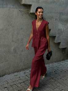2 件大码女士休闲亚麻西装套装，适合商务休闲、音乐会、日常穿着、春夏秋 - 酒紅色 - 查看 3