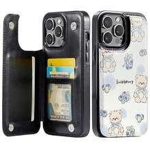 Blueberry Bear Wallet-Style Mobile Phone Case Designed With Cute Teddy Bears And Blueberries Suitable For IPhone 16e 16 15 14 Plus 13 12 11 Pro Max SE 2022 7 8 Plus X XR XS Max Wallet-Style Mobile Phone Case With Card Slot Holder And Double Magnetic Buckle Durable Protective Cover - Coffee Brown - View 3