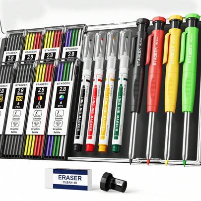 4PCS Carpenter Pencils With Sharpener, Heavy Duty Woodworking Pencils, Mechanical Carpenter Pencil With 52 Refills, Deep Hole Long Nib Marker Pens For Architect Construction Marking With Case