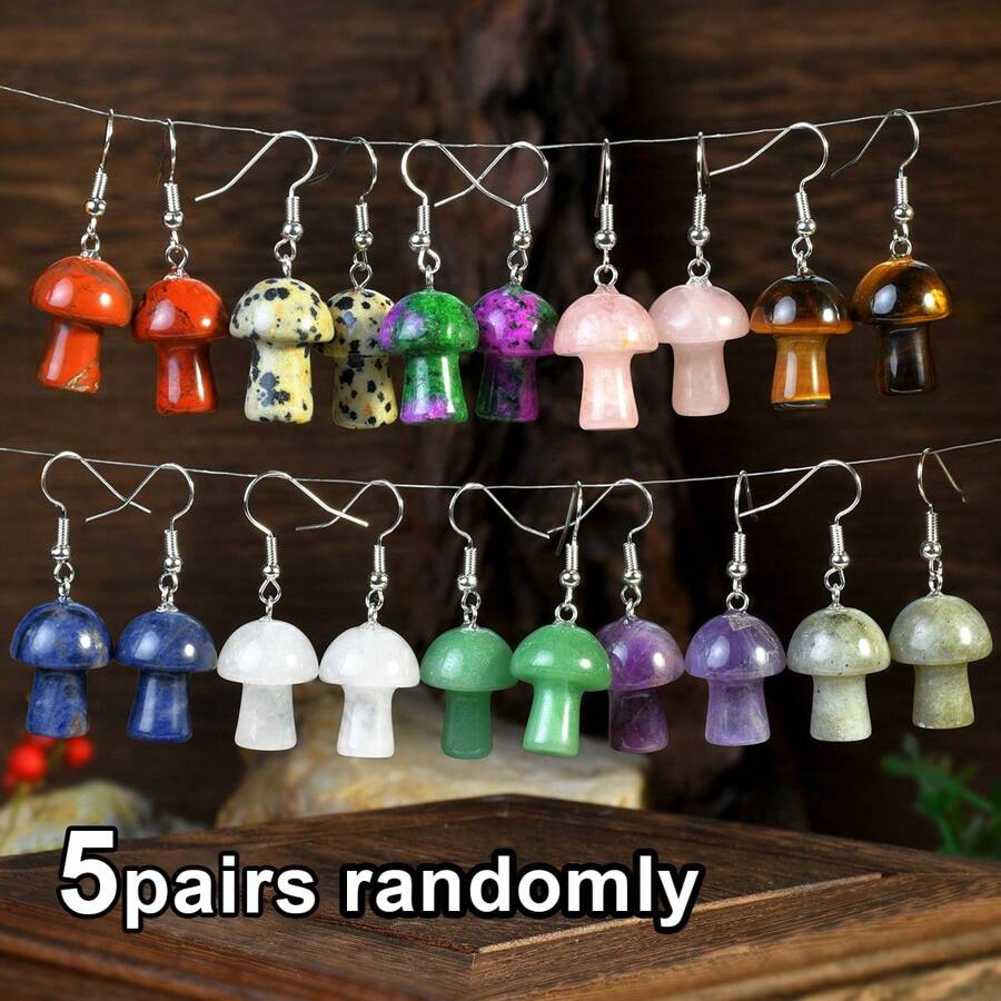 5 Pares de Brincos de Pedra Natural Aleatórios, Brincos de Cogumelo Fofos para Mulheres, Acessórios para Orelha