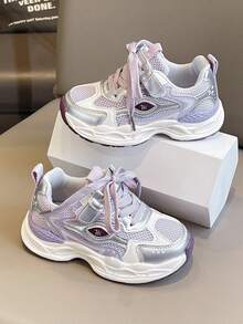 女童运动鞋，新款儿童皮革和网眼拼接休闲鞋，中大童女孩跑步运动鞋 - 紫色 - 查看 3