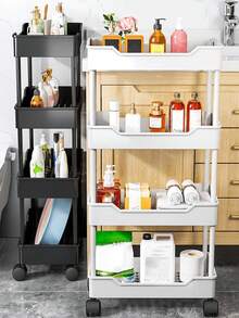 多层滚动储物推车 - 顶级三层移动实用搁架，带锁定脚轮、可调节金属框架和 PVC 托盘、可拆卸篮子和网箱；便携式节省空间的整理推车，适用于厨房、浴室、洗衣房、餐具室、客厅、家庭办公室、工艺室和车库；无需工具即可轻松组装，适用于住宅、公寓、宿舍和车间