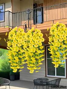 4/2PCS Artificial Yellow Morning Glory Flowers Outdoor Faux Hanging Flowers Plant ,Fake Silk With Eucalyptus UV Resistant Trailing Vine Suitable For Wedding, Home, Porch Patio Balcony Yard Indoor Decor,Office, Garden Decor, Made Of Faux Flowers & Eucalyptus Leaves, , Applicable For Autumn, Thanksgiving, Wedding Arch, Wall, Garden, Bedroom - Yellow - View 4