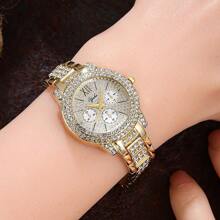 1 pieza Reloj de pulsera de mujer elegante para fiestas con esfera de cuarzo con diamantes en oro/plata y brazalete