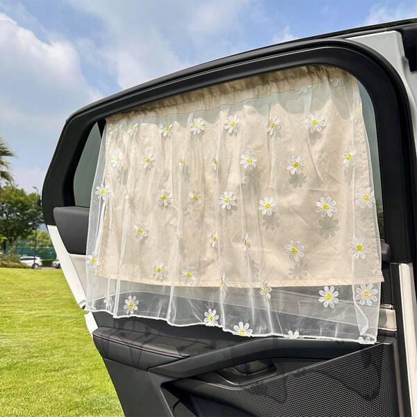 1 pieza Accesorios para el interior del coche, Cortina parasol para coche, Cortina de ventana con ventosa, Parasol de ventana de coche anti-UV y con aislamiento térmico, Parasol de coche con flor de margarita, Cortina de ventana de coche de doble capa con encaje