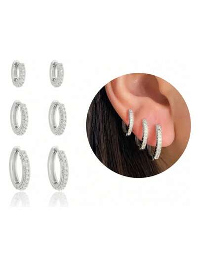 Trio De Brincos Argolas Finas Cravejadas Banho Prata 925