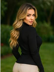 High Neck Elastane Blouse | Long Sleeve Elastane Blouse | Women's Elastane Blouse - 黑色 - 查看 3