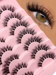 Asiteo 7 Pairs Cat Eye False Eyelashes, 3D Transparent Band Natural Thin Faux Mink Lashes, Fluffy Curly Cat Eye Fake Eyelashes - 黑色 - 查看 3