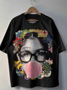 Men's Fashion Men's Printed Short Sleeved T-Shirt, Men's Round Neck Top, 180g 100% Pure Cotton Fabric - Comfortable And Casual Summer Street Style Short Sleeved T-Shirt, Cool Design Retro Summer Men's Daily Wear T-Shirt Print Y2K Street Style Hip-Hop  Pattern - 黑色 - 查看 3