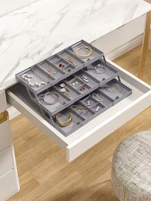 Living And Home Expandable Drawer Organizer (15*25*4.5-6.8cm) - Multi-Tier PP Storage Tray With Adhesive & Screws - Grey 3 Tiers - View 4